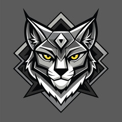 Geometric lynx head showcases bright yellow eyes against diamond and square patterns