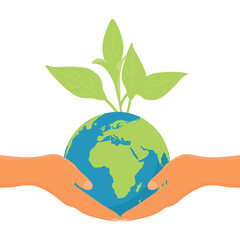 Hands holding globe earth with green sprout and leaves isolated on white background. Environment day. Earth day