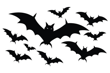 Fototapeta premium Spooky Group of Black Bat Silhouettes Flying on a White Background for Halloween Decor