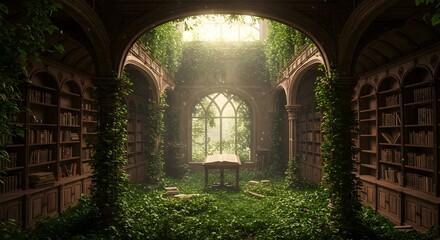 Overgrown library bathed in ethereal sunlight with a mystical atmosphere