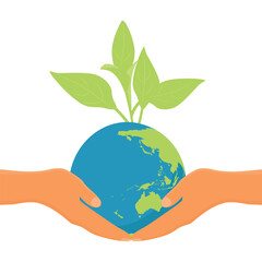 Hands holding globe earth with green sprout and leaves isolated on white background. Environment day. Earth day