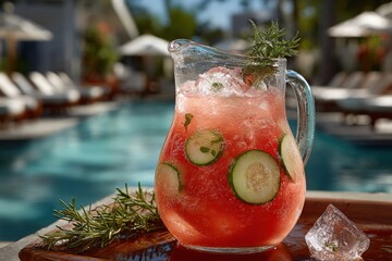Refreshing watermelon-cucumber agua fresca in a glass pitcher, garnished with fresh herbs, served by a poolside setting, perfect for summer hydration and relaxation