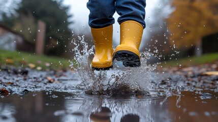 Child with yellow rubber boots jumping in puddle splashing water