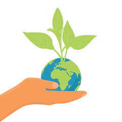Hand holding globe earth with green sprout and leaves isolated on white background. Environment day. Earth day