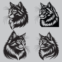 Elegant Cat Head Illustrations Black and White Vector silhuette cricut Art