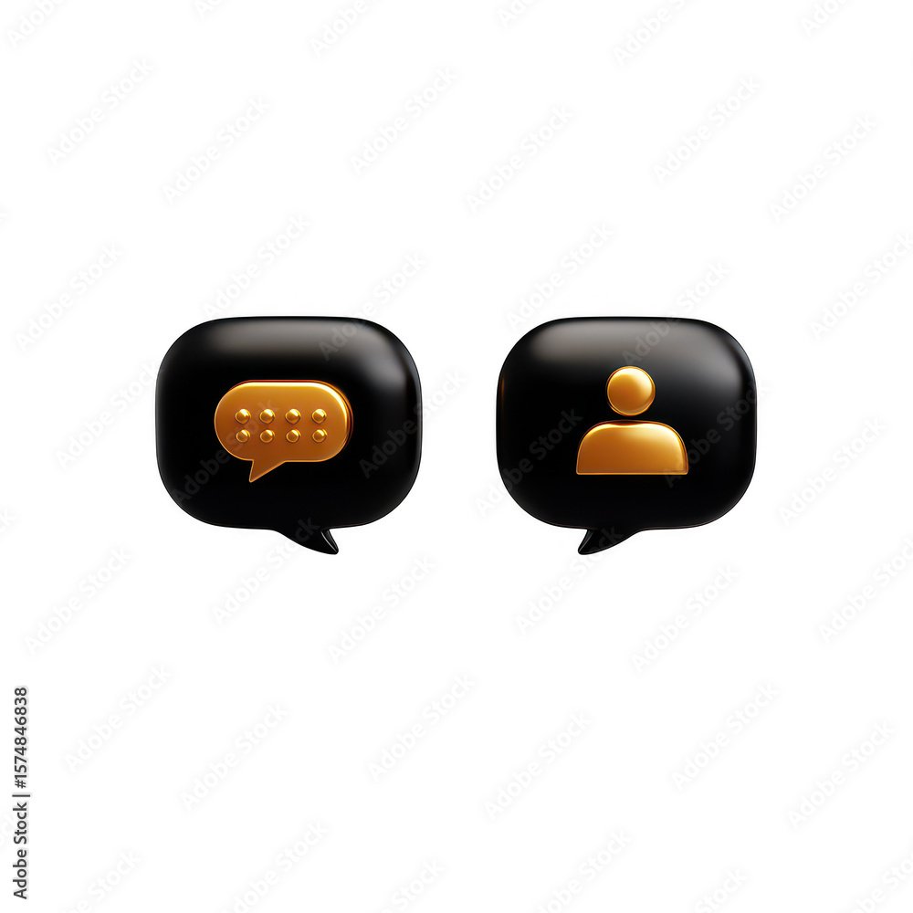 Poster two glossy rounded square speech bubbles with golden icons one for messaging and one for user profil