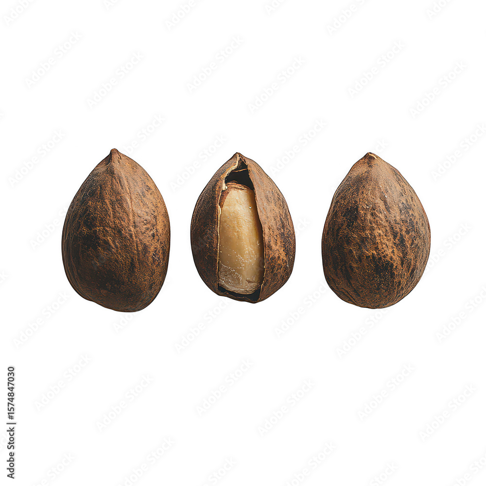 Poster three textured pecan nuts with one cracked open revealing the kernel isolated on transparent backgro
