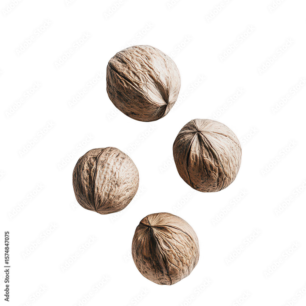 Poster four textured walnuts arranged in a diamond pattern isolated on transparent background