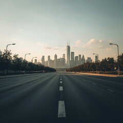 Naklejka premium The morning scene features an asphalt road square, city skyline, and modern buildings in a picturesque landscape.