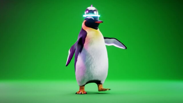 Funny 3D penguin doing disco dance on green screen, flapping wings, neon lighting