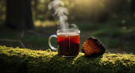 Wild Foraged Chaga Mushroom Tea Steaming in a Forest
