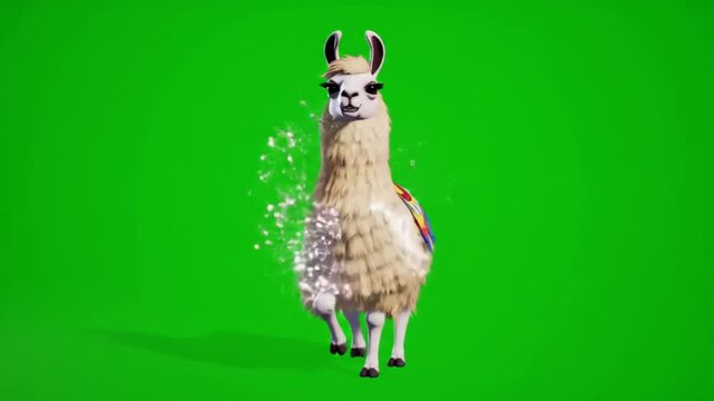 Cheerful 3D llama doing party dance with sparkles, green screen backdrop