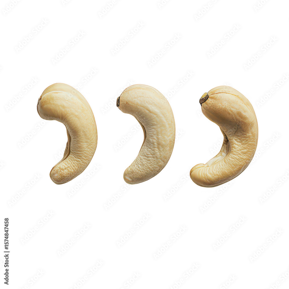 Poster three creamy cashew nuts arranged in a row showing their curved shape and textured surface isolated 