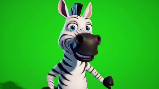 Cartoon 3D zebra doing cha-cha slide with hoof stomp, green screen