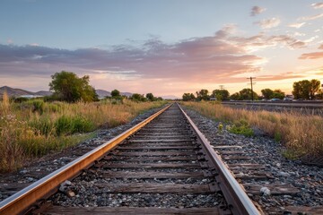 Railroad Tracks Recede in Desert; Colorful Sunset Sky for Infrastructure Project