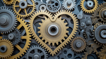 Intricate heart shaped gear mechanism symbolizing love and mechanics