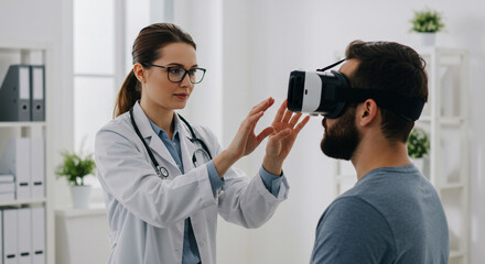 Female doctor examines patient using virtual reality headset
