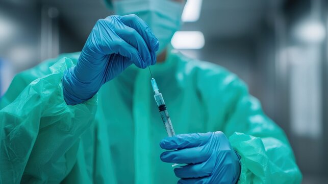 Veterinarian wearing gloves and mask carefully preparing a syringe for injection in a modern, sterile clinic environment