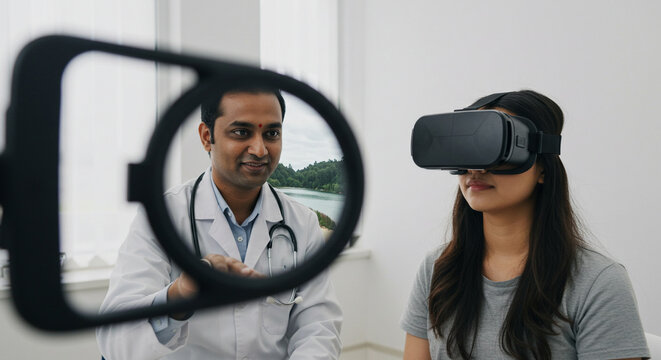 Doctor shows vr headset to patient through phone screen
