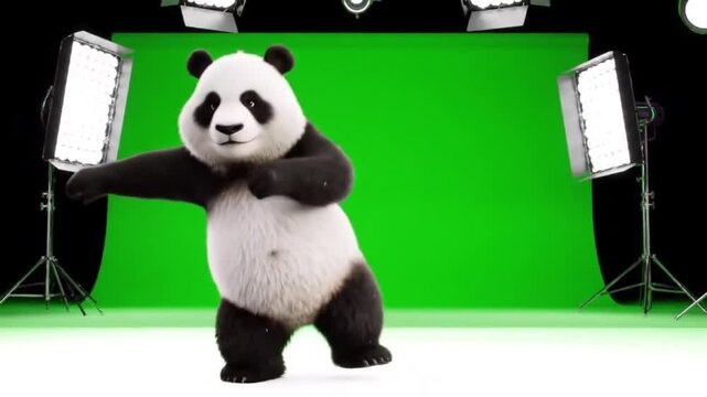 3D animated panda doing belly dance with funny face, green screen studio