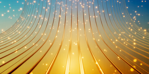 Obraz premium Golden ribbons with sparkling lights against a gradient sky