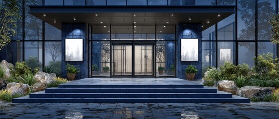 Obraz premium Modern Entrance of High-Tech Company with Digital Displays and Lush Green Landscaping at Dusk