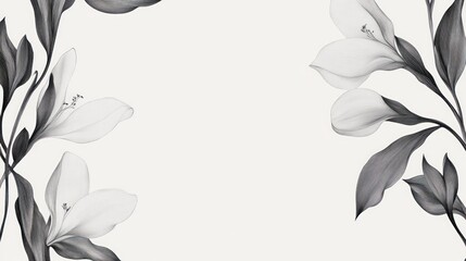 Monochrome floral frame with white flowers and gray leaves on a light gray background.
