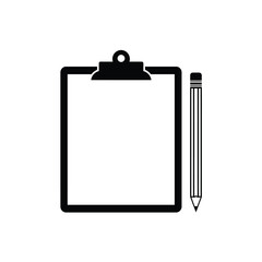Black silhouette of clipboard and pencil on white background