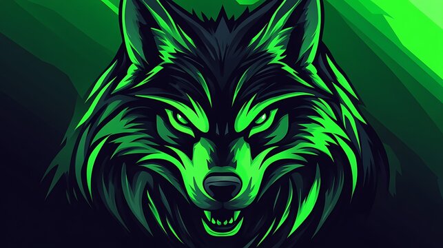 A striking neon green illustration of a wolf head featuring sharp angles and intimidating gaze photo