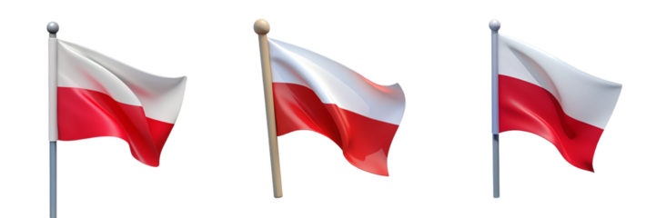 Set For Three waving flags of Poland isolated on transparent background