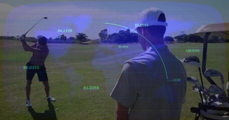 Golfer starting backswing, launching ball as overlay tracing flight data for golf coaching - Powered by Adobe