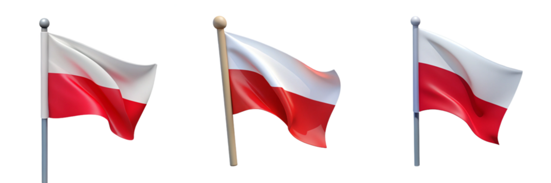 Set For Three waving flags of Poland isolated on transparent background