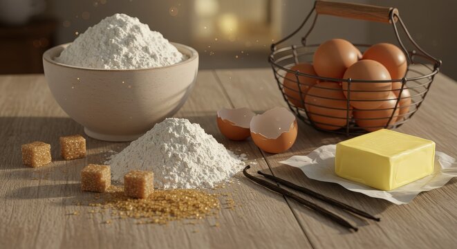 Ingredients for Baking on Wooden Table with Eggs and Flour