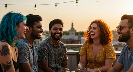 Diverse friends laughing and enjoying drinks on a rooftop at sunset