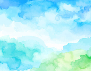 Watercolor landscape with sky and hills. Soft blue sky and green hill painting. Nature landscape in watercolor art. Hand painted scenery with soft colors. Watercolor background of sky and land