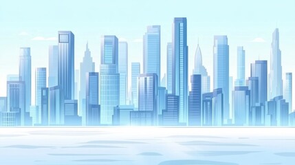 Fototapeta premium Cold winter cityscape skyline, skyscrapers, frozen river.