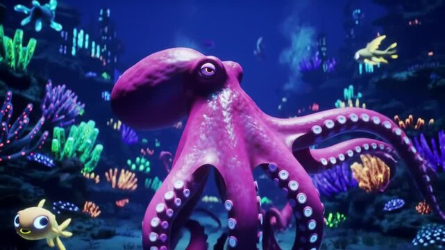 A neon octopus dancing in an underwater rave city