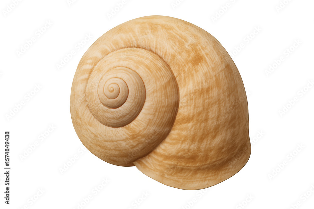 Poster close-up of an empty, light brown snail shell with intricate spiral patterns, isolated on a transpar