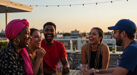 Diverse friends laughing and enjoying drinks on a rooftop at sunset