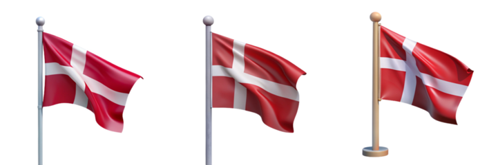 Set For Three danish flags on poles isolated on transparent background