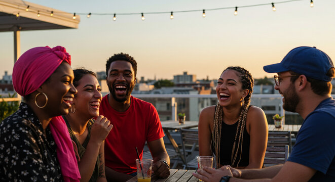 Diverse friends laughing and enjoying drinks on a rooftop at sunset