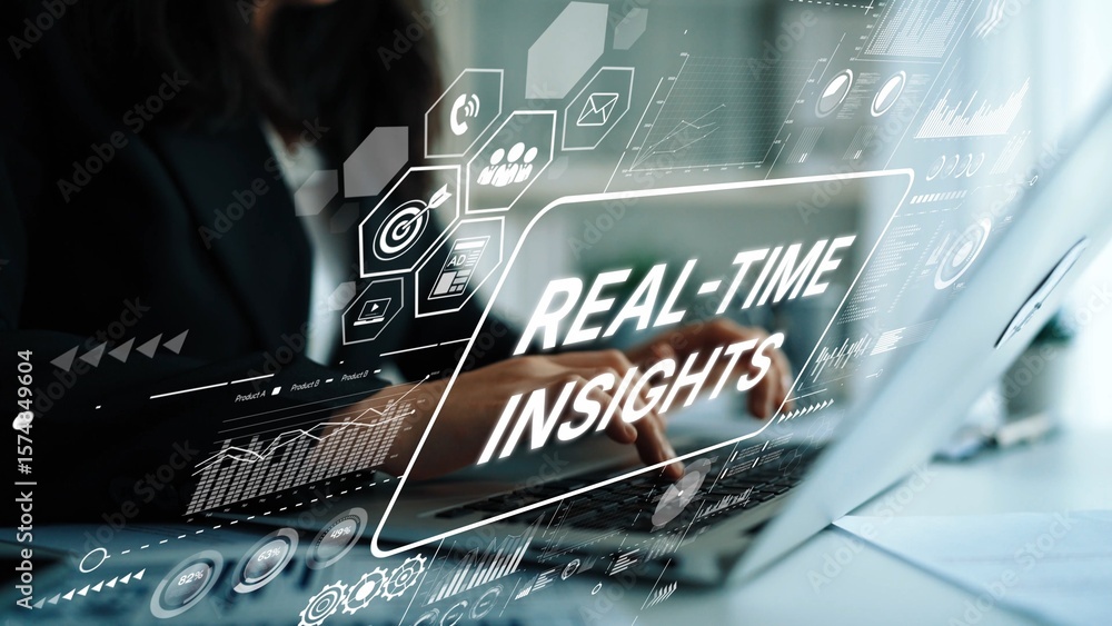 Poster business professional analyzing real-time insights data on laptop with modern digital graphics overl