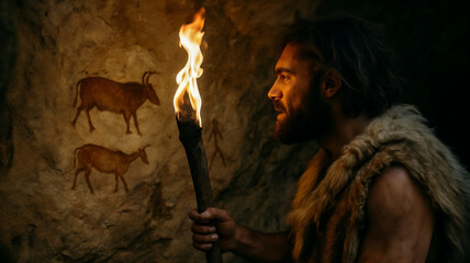 Prehistoric Man Examining Ancient Cave Art by Torchlight. Early Human History and Primitive Expression