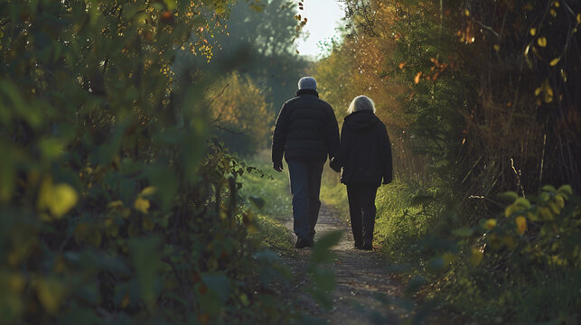 Elderly couple holding hands walking away on a path surrounded by trees in the autumn season light .