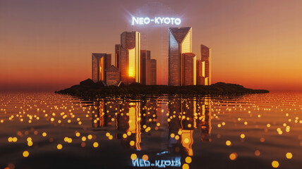 Futuristic neo kyoto cityscape at sunset reflected on water