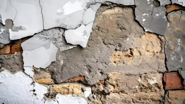 Detailed close-up of a dilapidated wall featuring peeling white and grey plaster exposing weathered red bricks and rough concrete, creating a strong textural background.