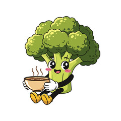 Happy Broccoli Character Drinking Hot Soup Vector Illustration