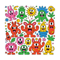 Fototapeta premium Cheerful cartoon monsters and characters with stars and dots