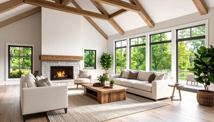 Fototapeta premium Modern living room with large windows showcasing a green landscape and a cozy fireplace