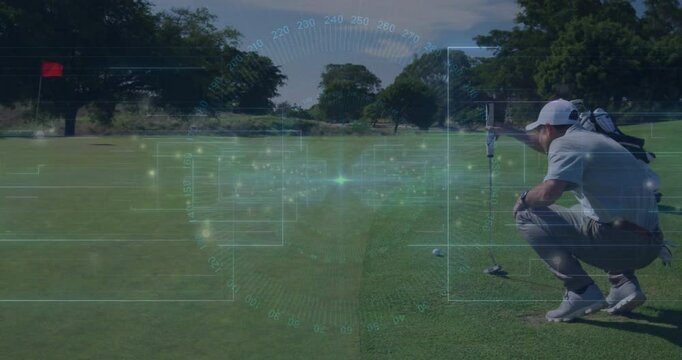Golfer squatting studying slope while overlay fading in mapping putt path for golf tech insight